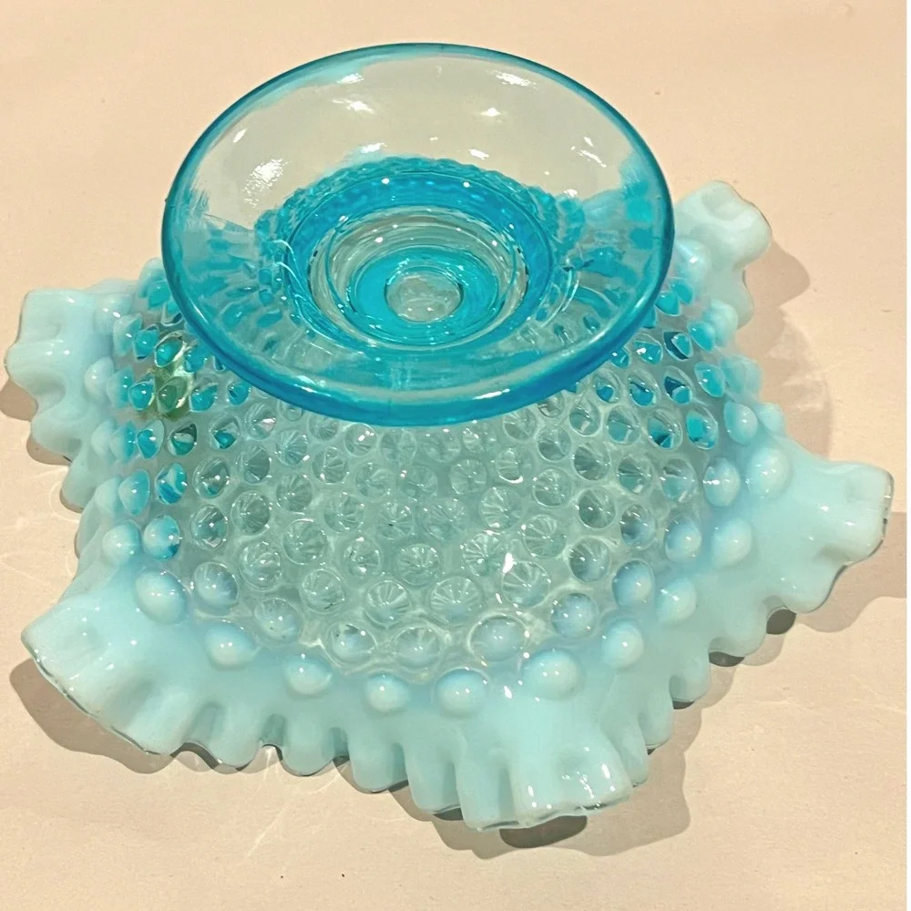 Fenton Aqua Opalescent Hobnail Ruffled Candle Holder Pedestal‎ 1950s MCM